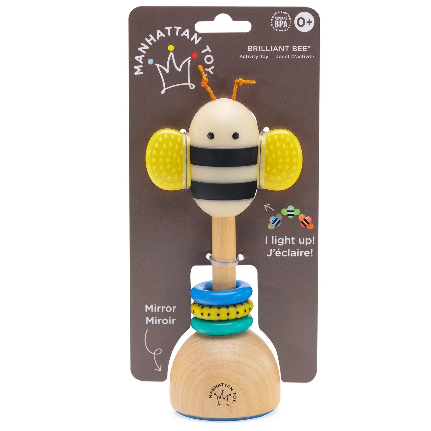 detalle del packaging del sonajero Abeja Brillante Manhattan Toy