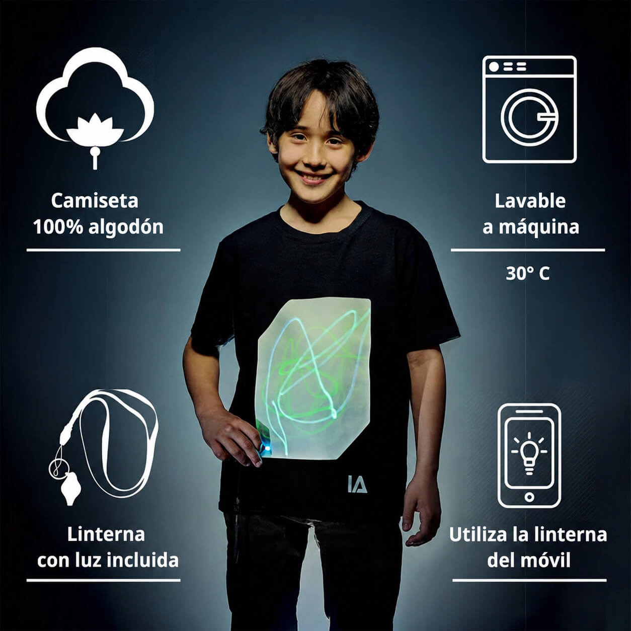 características de la camiseta blanca interactiva con panel fosforescente Illuminated Apparel