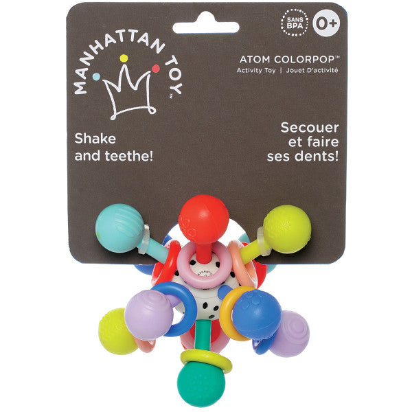 detalle del packaging del sonajero Atom Colorpop Manhattan Toy para bebés desde 0 meses