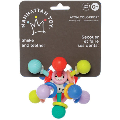 detalle del packaging del sonajero Atom Colorpop Manhattan Toy para bebés desde 0 meses
