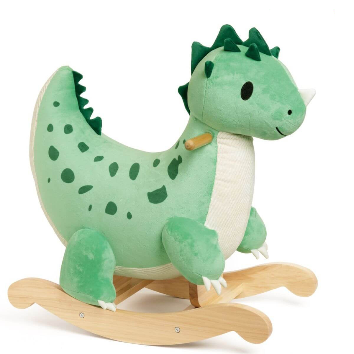 Balancín dinosaurio verde de terciopelo con base de madera, vista lateral, Classic World