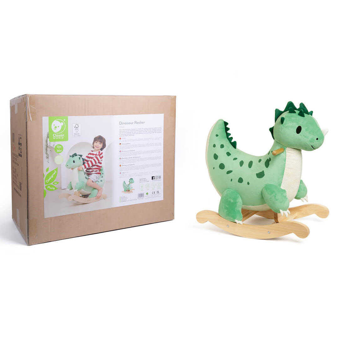 Packaging del Balancín dinosaurio verde de terciopelo con base de madera de Classic World