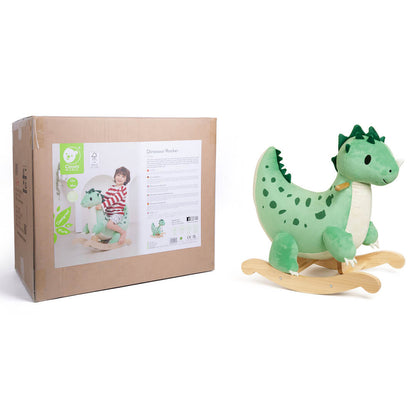 Packaging del Balancín dinosaurio verde de terciopelo con base de madera de Classic World