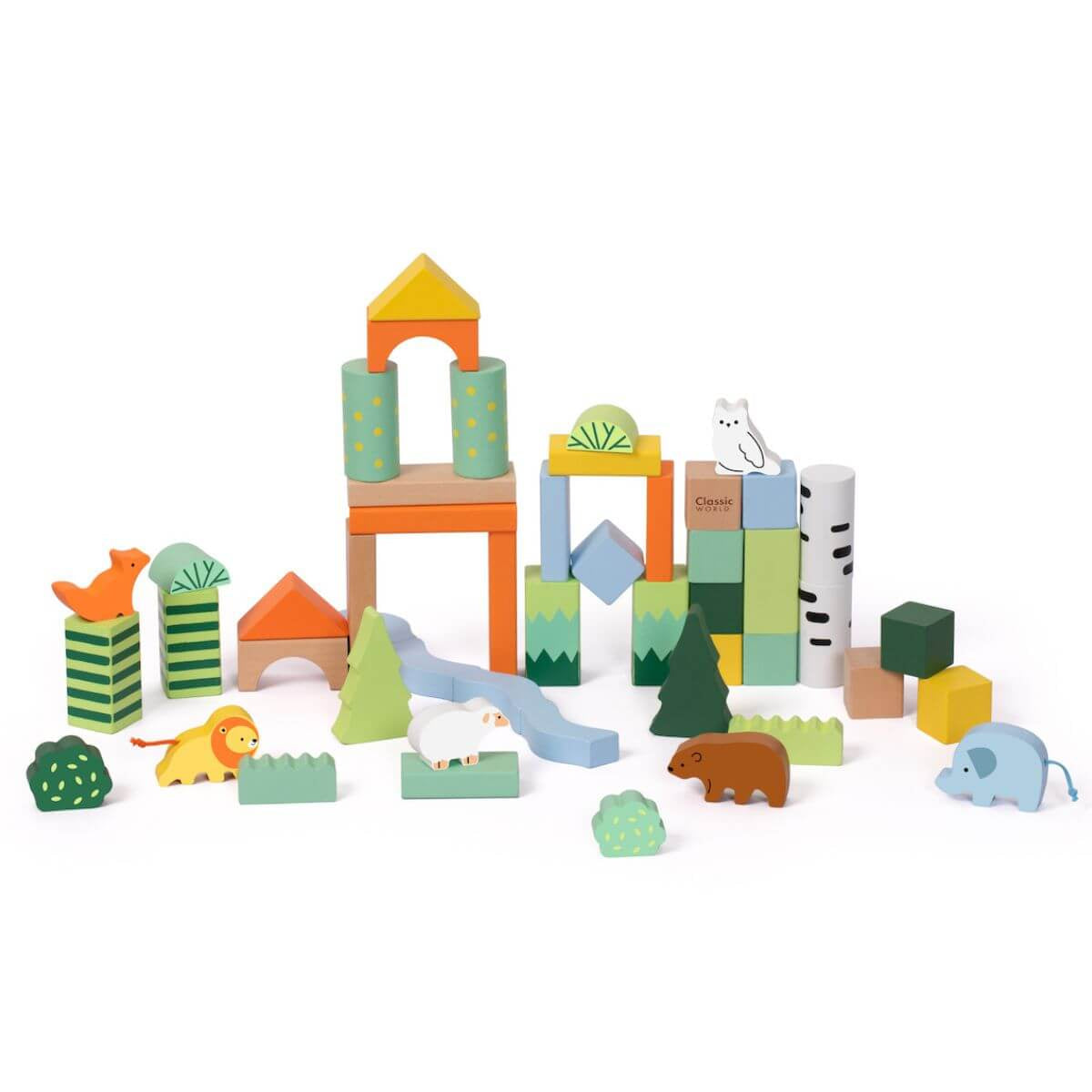 Set de bloques de construcción de madera temática bosque 50 piezas Classic World, vista general