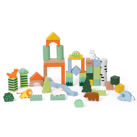 Set de bloques de construcción de madera temática bosque 50 piezas Classic World, vista general