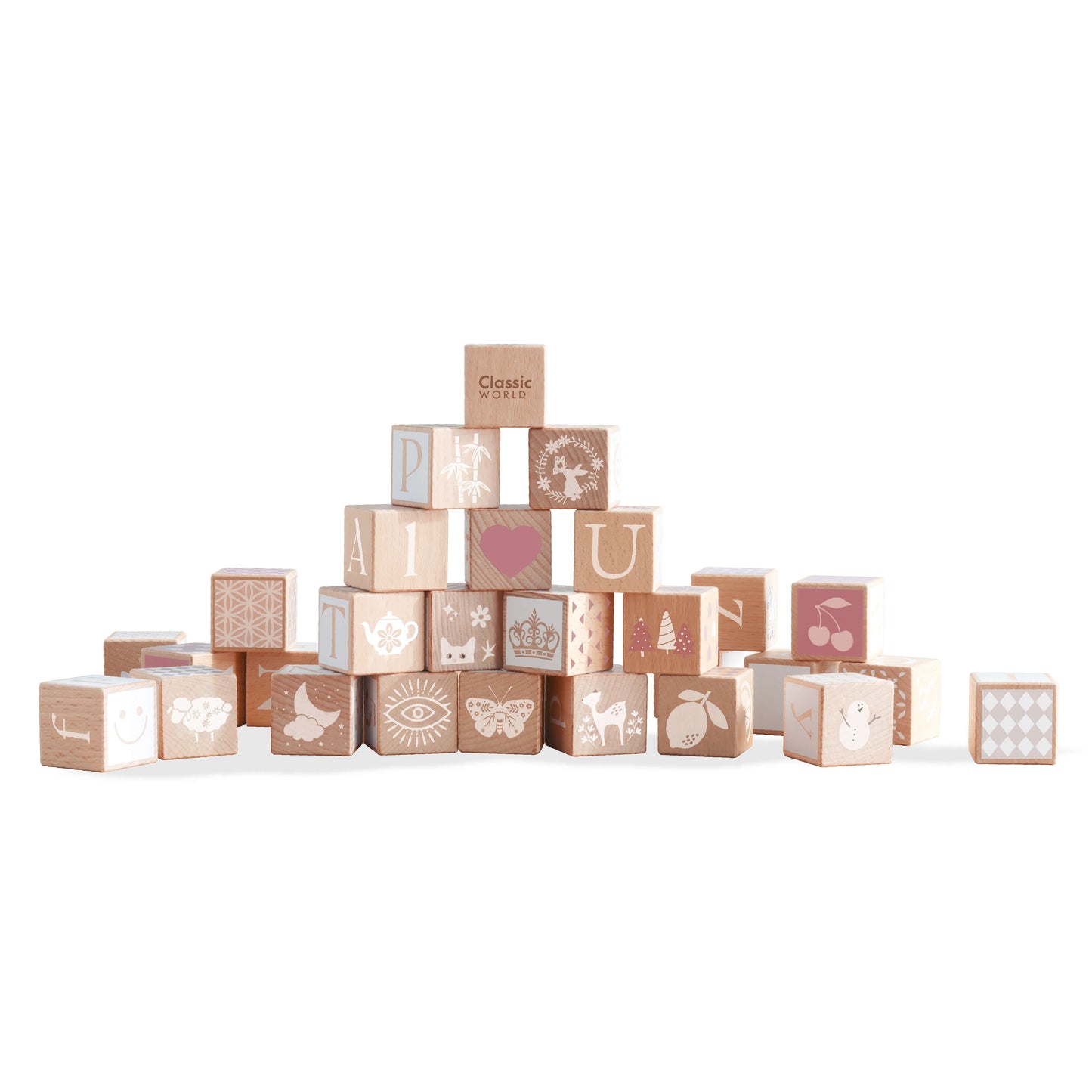 bloques de madera con letras y números Colección Iris Classic World apilados en pirámide