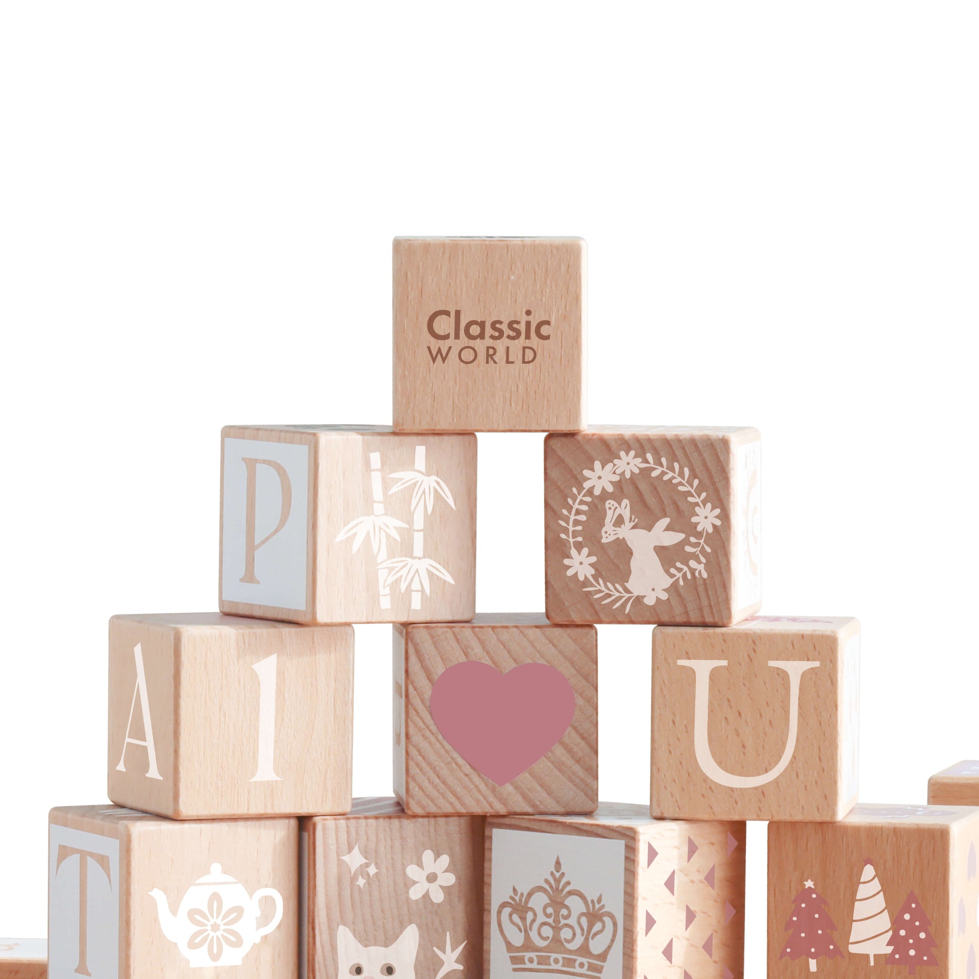 detalle letras y ilustraciones de los bloques de madera Iris Classic World