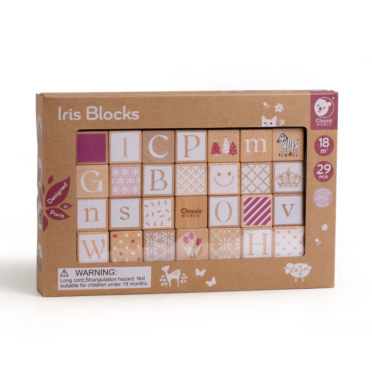 caja de bloques de madera con letras y números Colección Iris Classic World apilados en pirámide