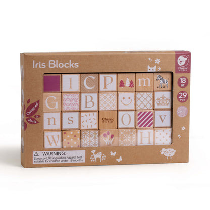 caja de bloques de madera con letras y números Colección Iris Classic World apilados en pirámide
