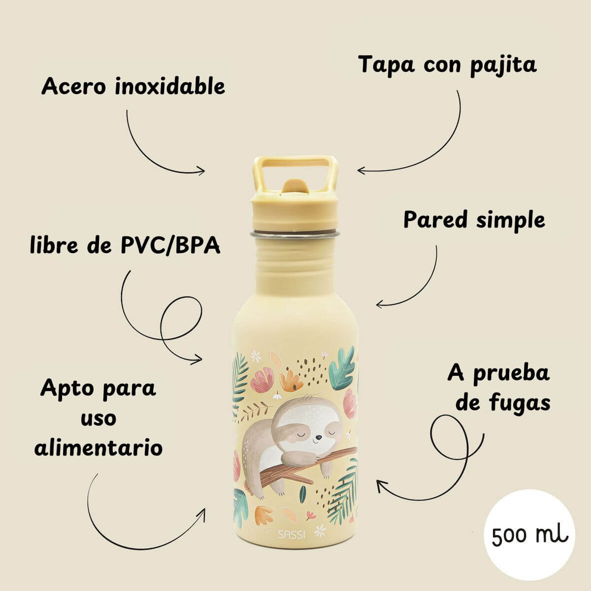 Botella inox. 500ml - Gnawy el Perezoso