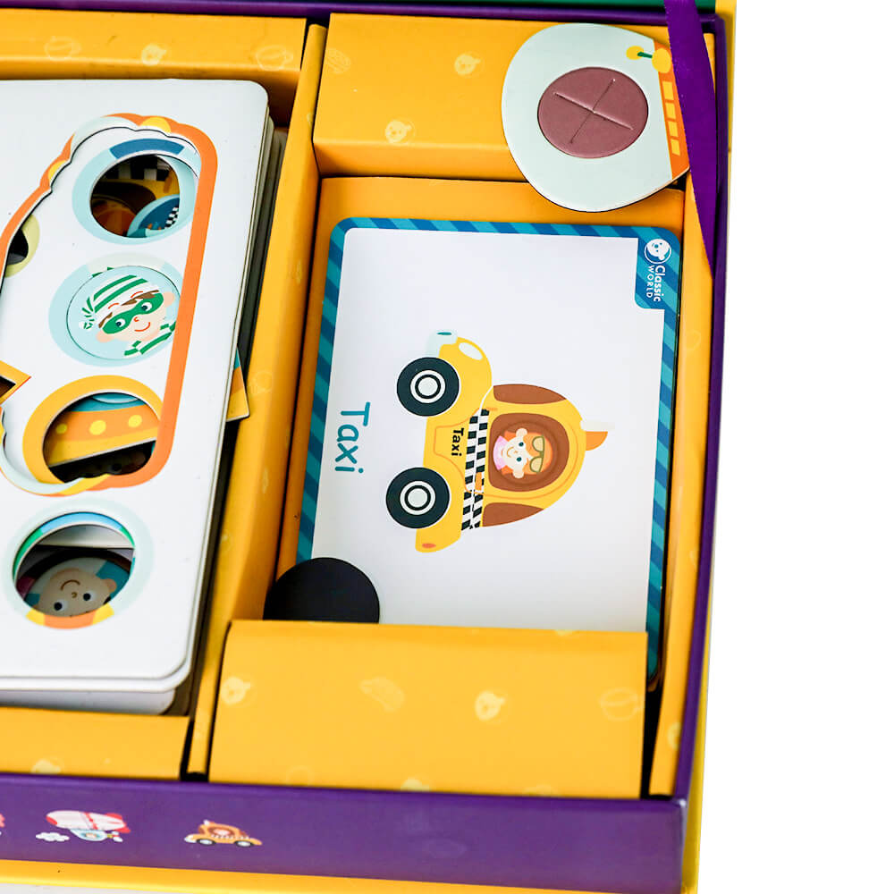 detalle del taxi del juego magnético de construir transportes Classic World con piezas y tarjetas de referencia