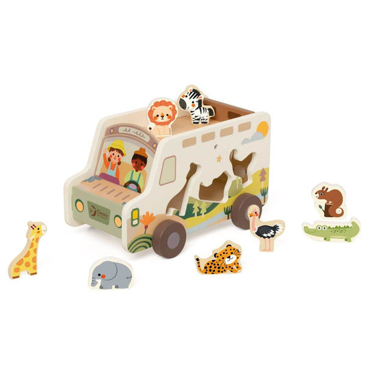 Camión Aventuras en la Pradera Classic World con 8 figuras de animales de madera