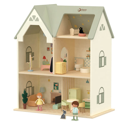 Vista frontal de la casa de muecas de madera Cottage de Classic World para niñas a partir de 3 años