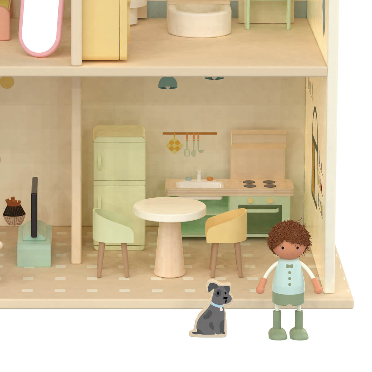 Detalle de la figura y perro para jugar con la Casa de Muñecas Cottage de Classic World