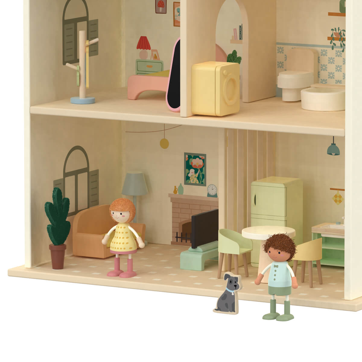 Detalle de la cocina y sala de estar de la Casa de muñecas Cottage Classic World con personajes y animales