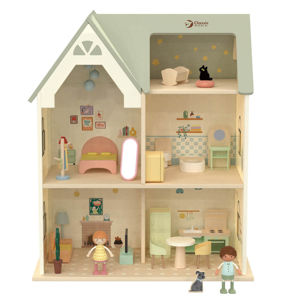 Casa de muñecas Cottage Classic World de dos plantas con todas las estancias amuebladas, vista frontal completa