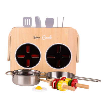 cocina de sobremesa de madera con dos fogones y asa Classic World