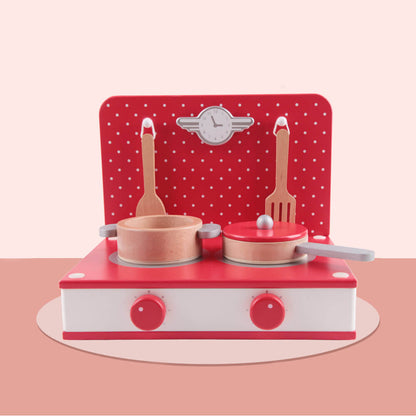 detalle panel trasero y fogones de la cocinita retro de madera Classic World