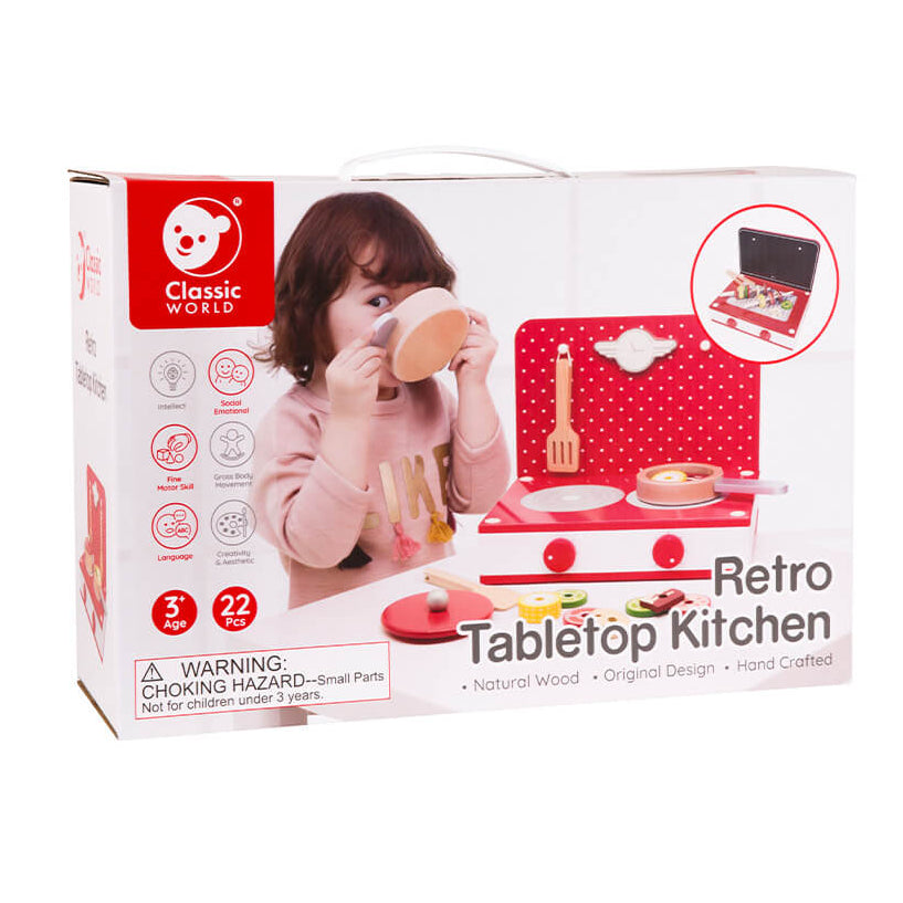 caja de la cocina de sobremesa retro de madera roja y blanca Classic World con utensilios