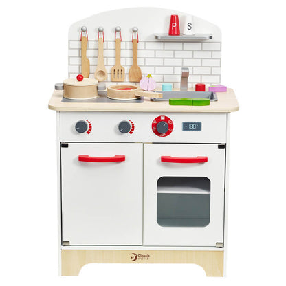 frontal de la cocinita de madera Cocina del Chef Classic World con fogones, horno y fregadero