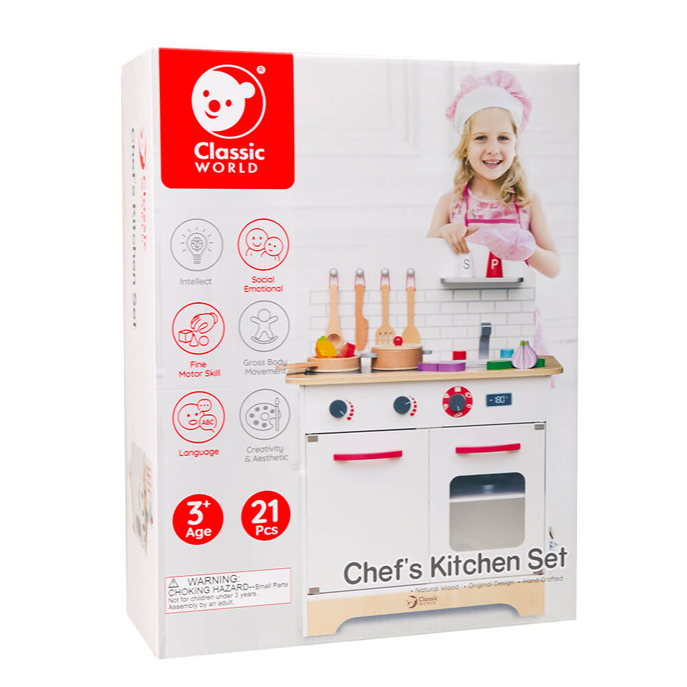 caja de la cocinita de madera Cocina del Chef Classic World con fogones, horno y fregadero