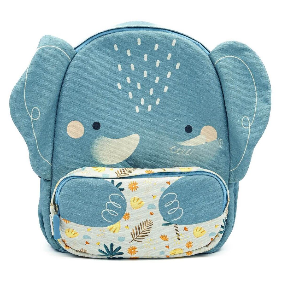 Blue elephant backpack for kids with a decorative floral front pocket