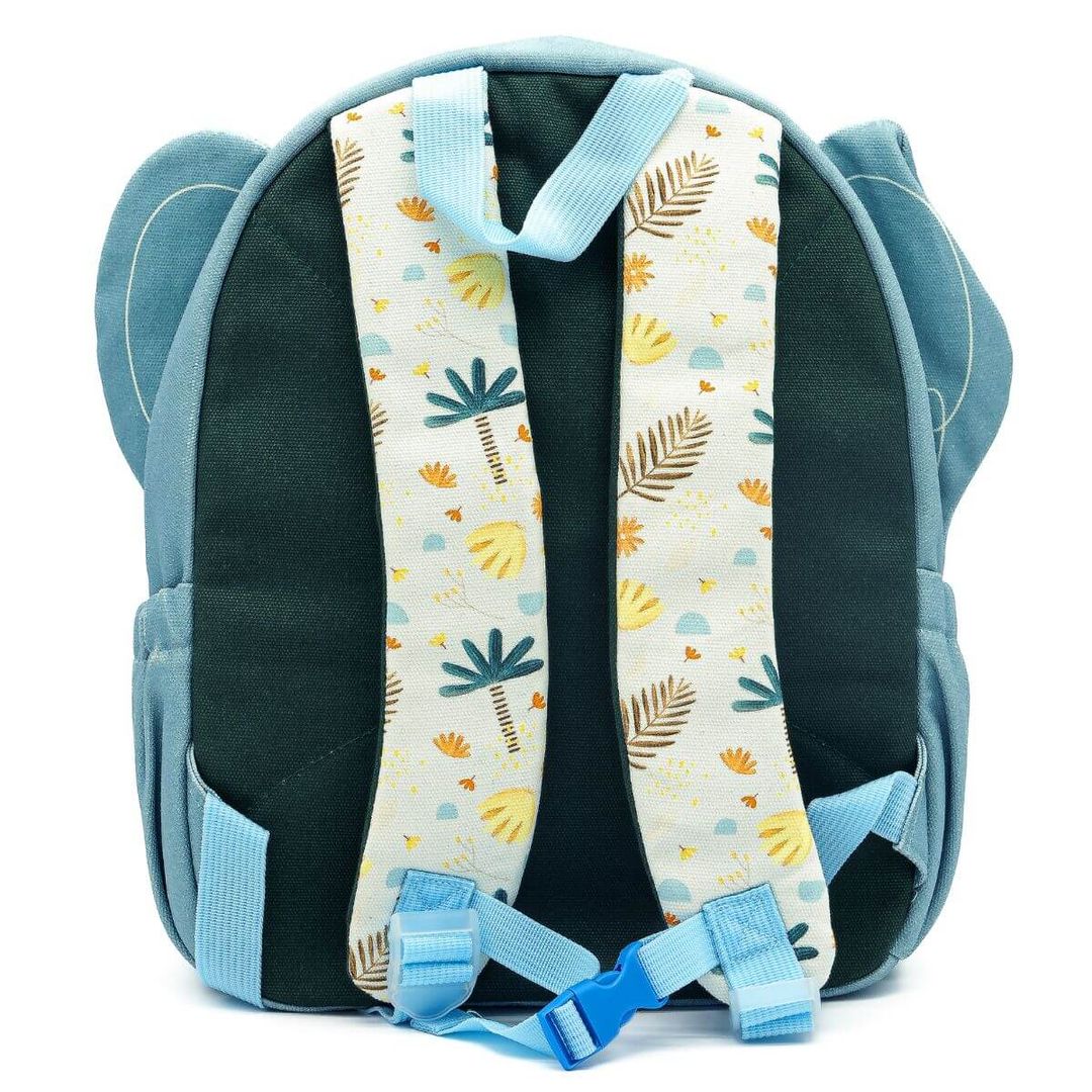 Blue elephant backpack, back view, with patterned tropical straps and adjustable buckle