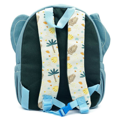 Blue elephant backpack, back view, with patterned tropical straps and adjustable buckle