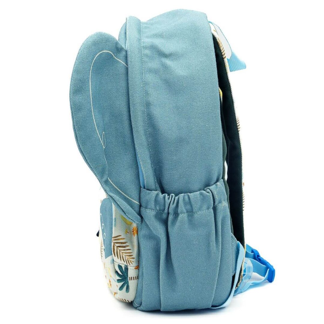 Light blue elephant kids backpack with patterned side panel and elastic pocket