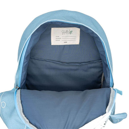 Light blue backpack's open interior, showing main compartment, internal pocket, and 'Hello! SASSI' ID tag.