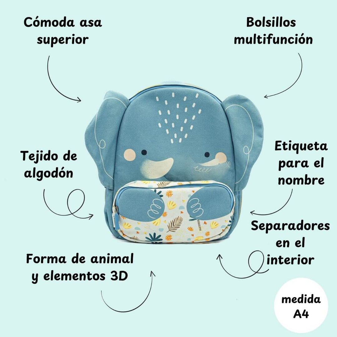 Light blue cotton elephant backpack for kids, featuring a comfortable handle, multifunction pockets, name tag, and A4 size.
