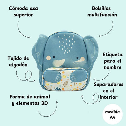 Light blue cotton elephant backpack for kids, featuring a comfortable handle, multifunction pockets, name tag, and A4 size.