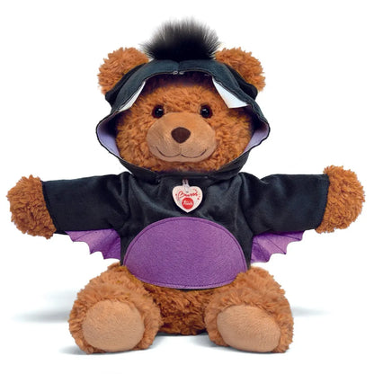 Trudi plush brown teddy bear in black and purple bat costume with a furry hood and heart tag