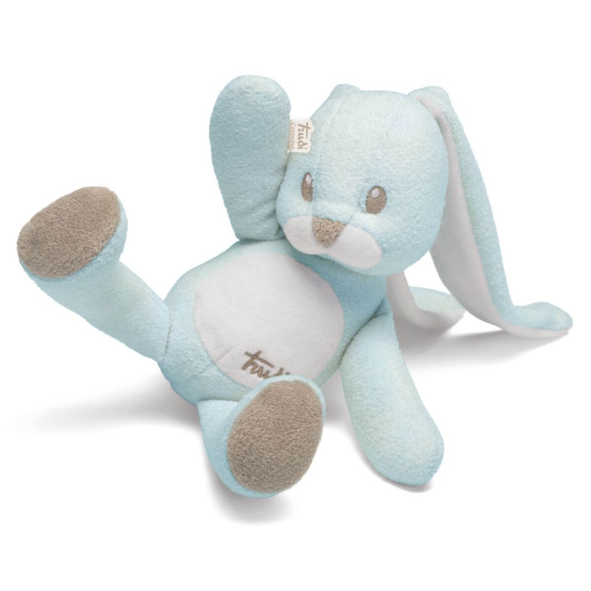 Suave conejo de peluche para bebés de la marca italiana Trudi, de color azul y talla S