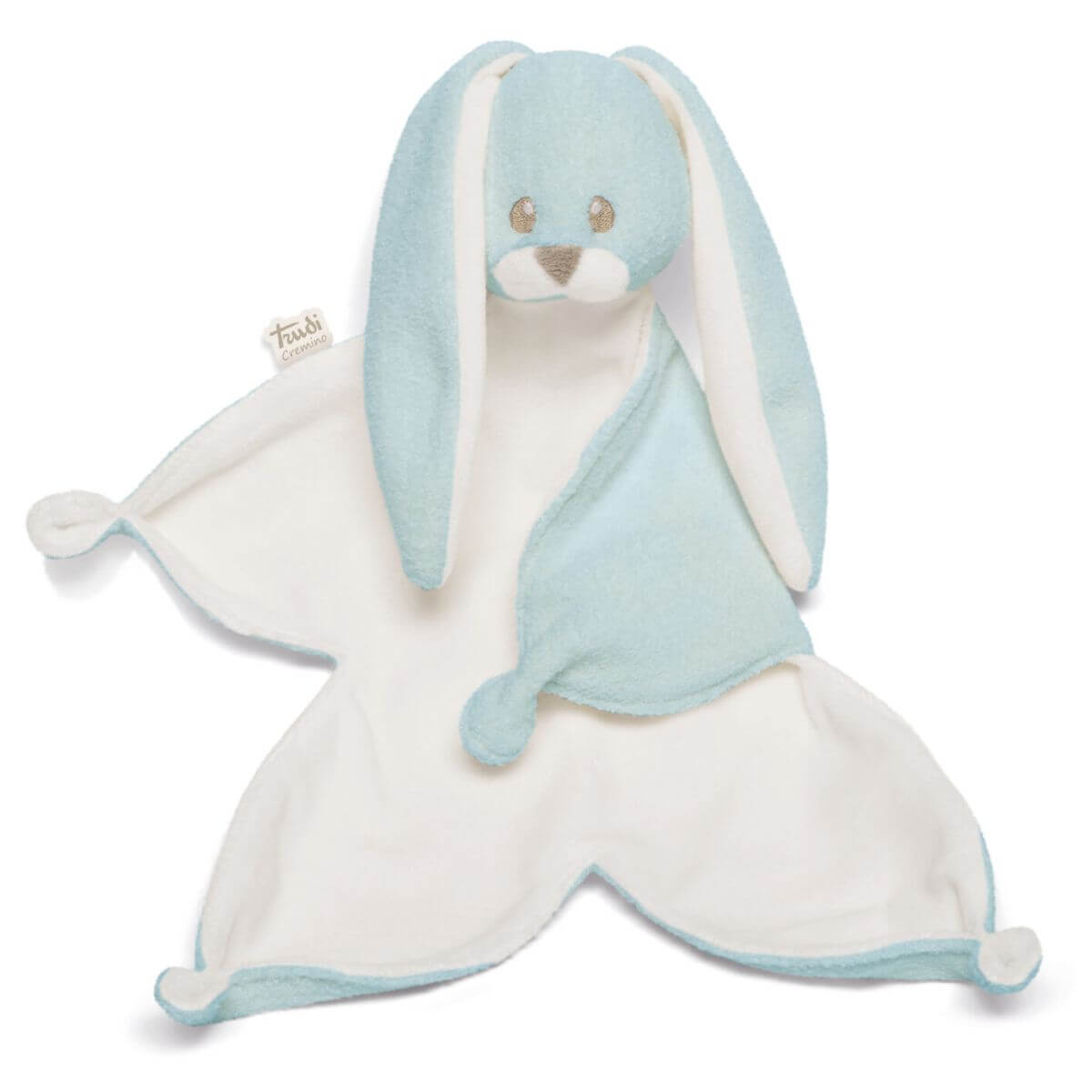 Detalle del doudou Conejo de color azul para bebés recién nacidos de la marca italiana Trudi