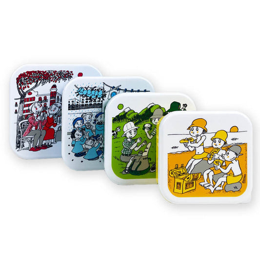 Conjunto de 4 fiambreras apilables Pilarín Bayés con ilustraciones en las tapas, vista superior
