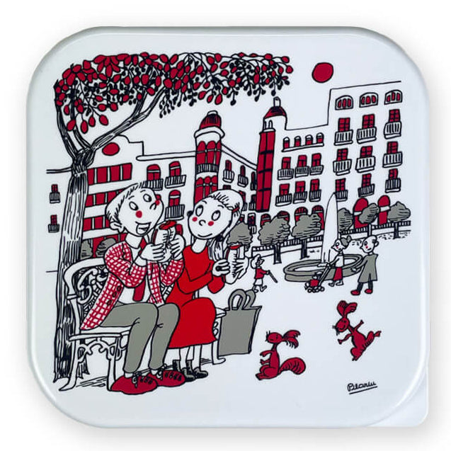 Detalle de la ilustración "En el parque" de Pilarín Bayés, fiambrera de color rojo