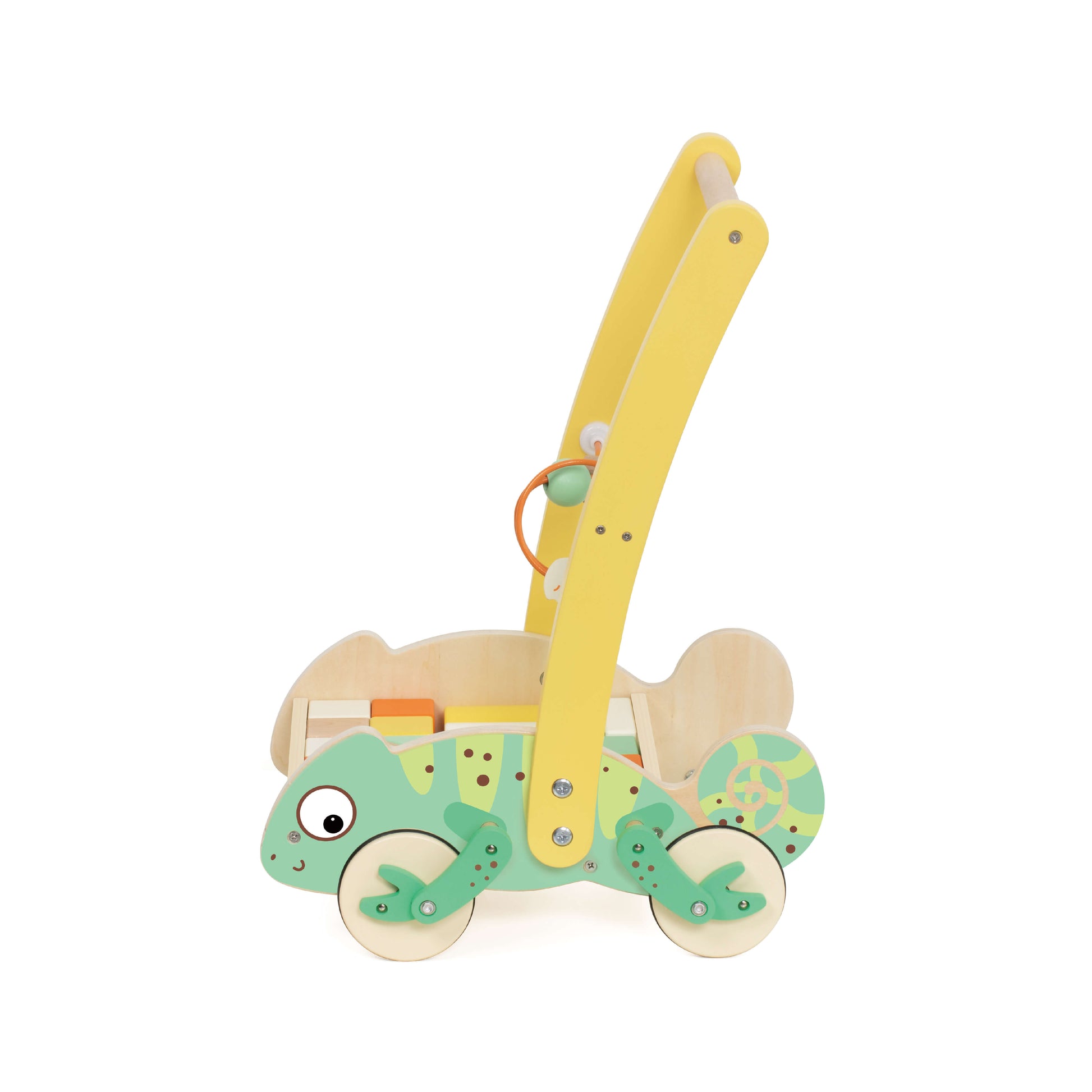 vista lateral del correpasillos camaleón de madera Classic World con bloques y laberinto de cuentas