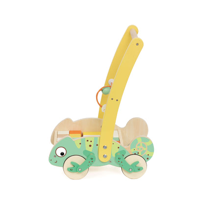 vista lateral del correpasillos camaleón de madera Classic World con bloques y laberinto de cuentas