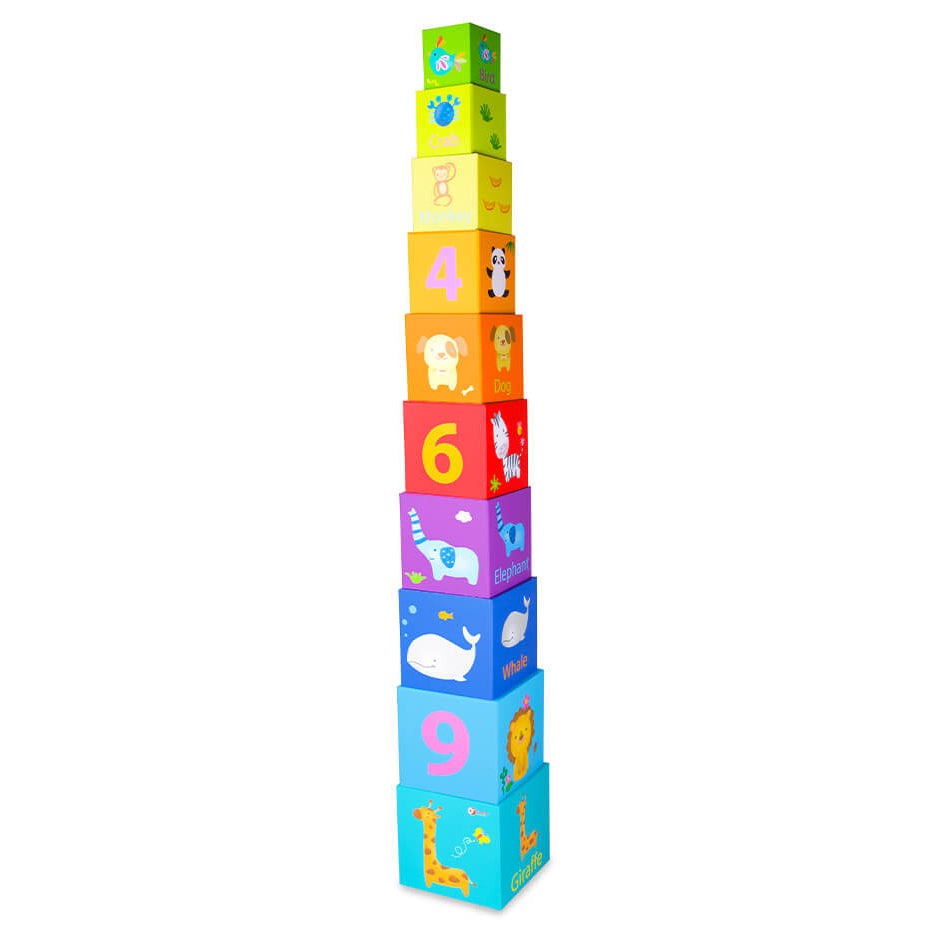 Torre de 100 cm apilada de los Cubos apilables de animales y número de cartón de Classic World para niños a partir de 18 meses