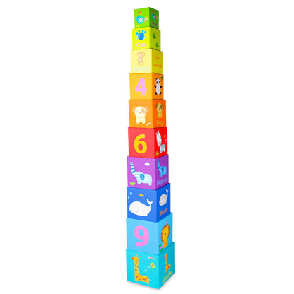Torre de 100 cm apilada de los Cubos apilables de animales y número de cartón de Classic World para niños a partir de 18 meses