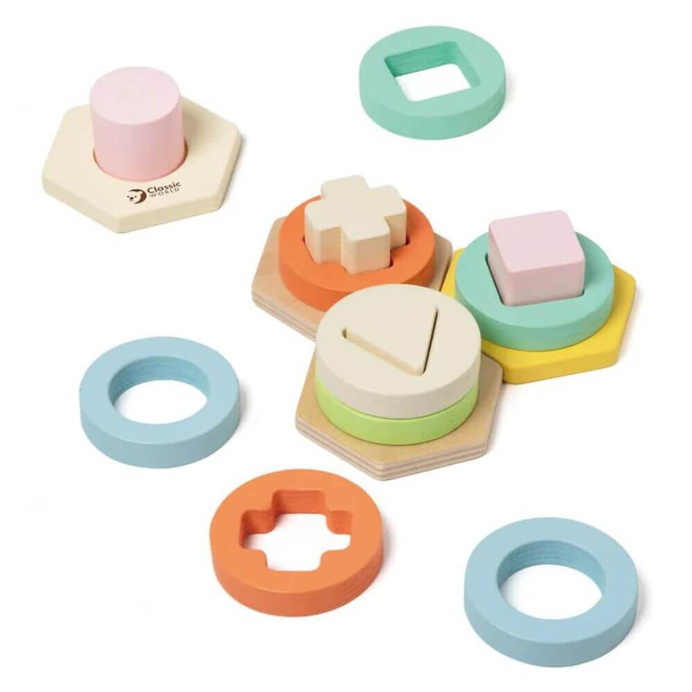 Encajable de formas geométricas Classic World con cuatro bases y piezas de madera en colores pastel