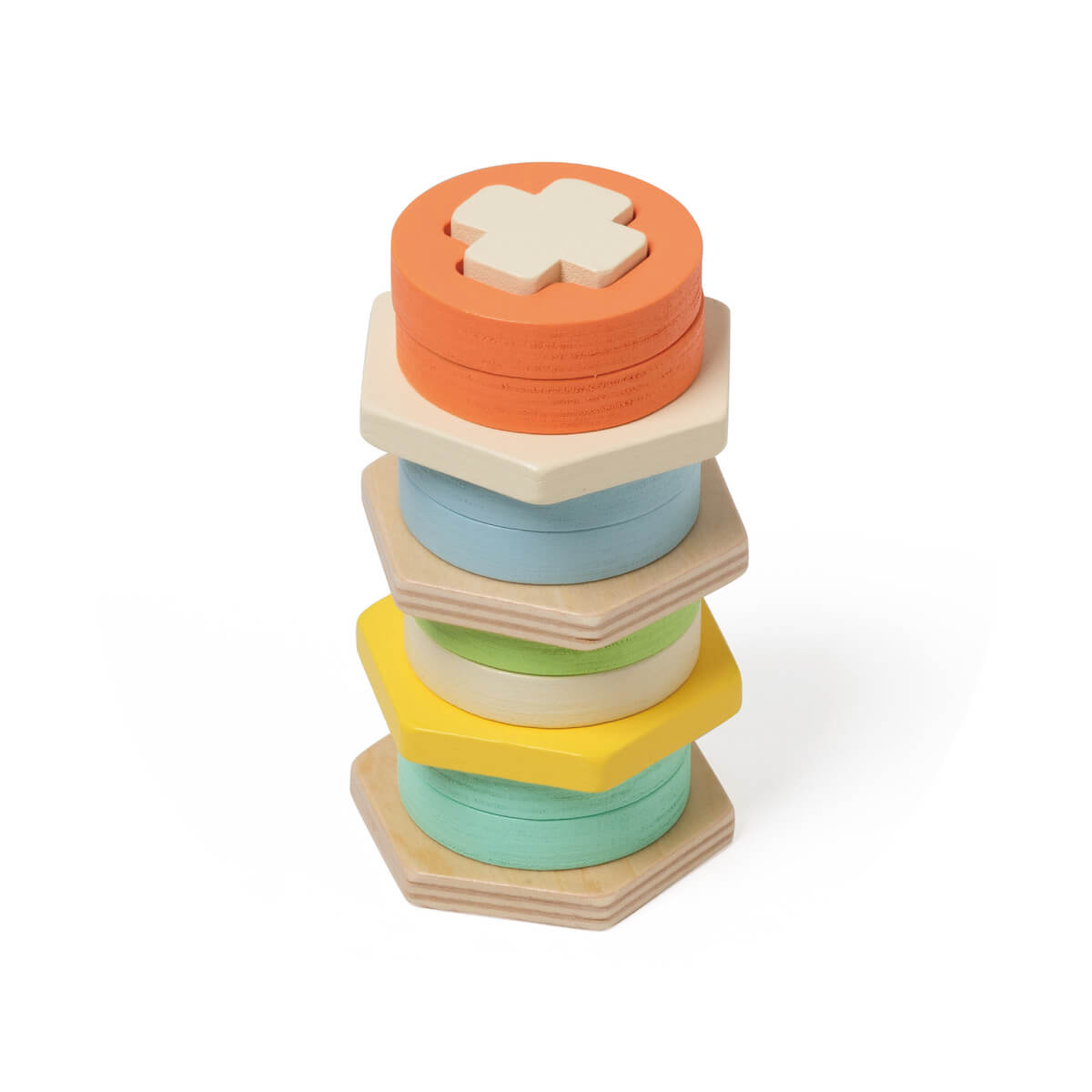 Bases apiladas del encajable de formas geométricas Classic World formando una torre de colores