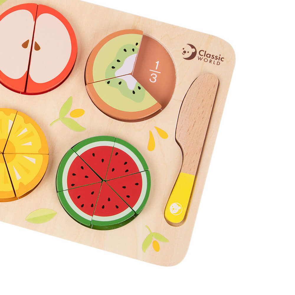 Detalle de la fracción 1/3 del Puzzle encajable de frutas con fracciones de madera de Classic World