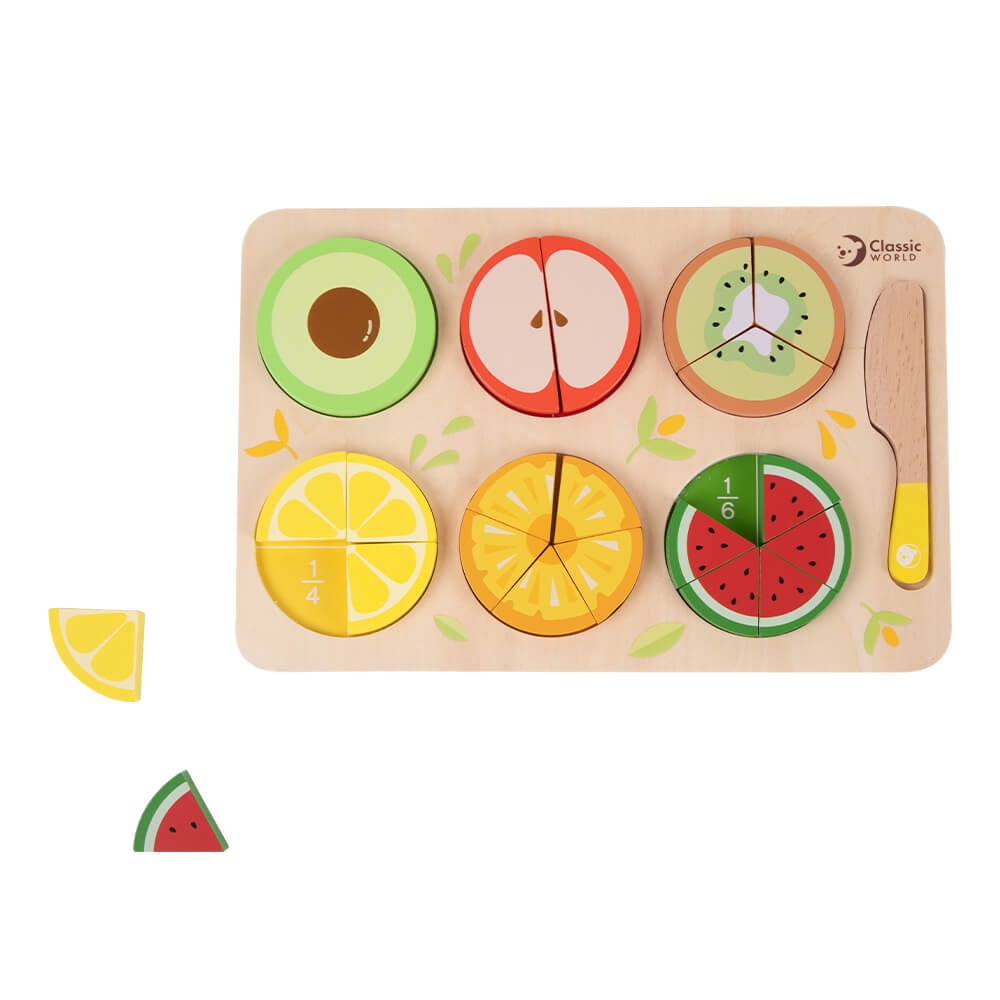 Detalle de la fracción 1/6 del Puzzle encajable de frutas con fracciones de madera de Classic World