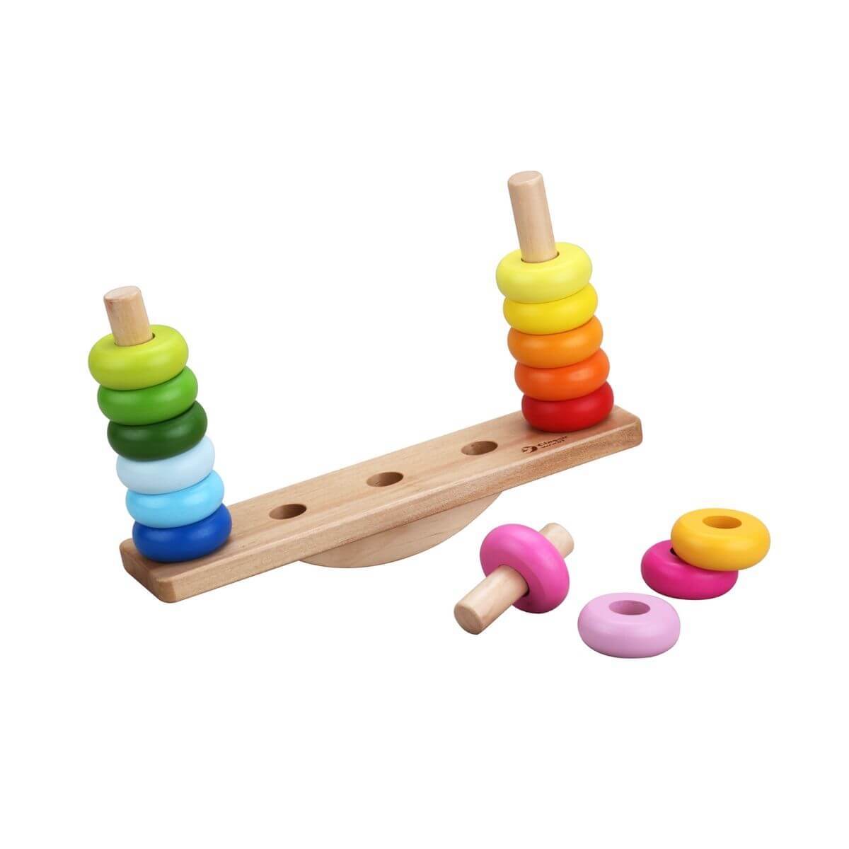 Juego de apilar y equilibrio de Classic World para niños a partir de 3 años con aros de madera y patrones de colores