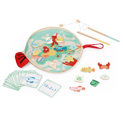 Juego de pesca Classic World desplegado con bolsa textil como tablero, piezas de madera y cañas con imán