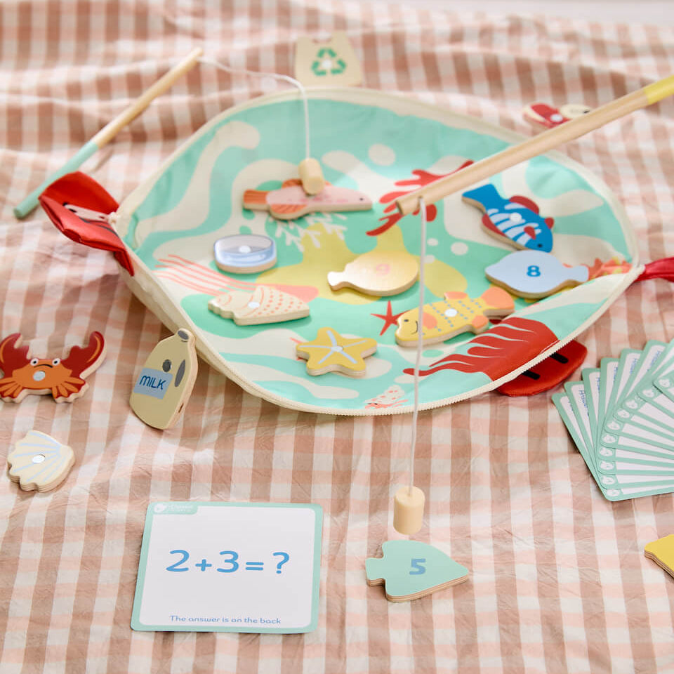 Juego de pescar y de matemáticas para niños a partir de 18 meses, de madera.