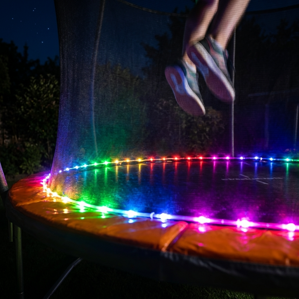 Niño saltando en cama elástica con luz LED Brightz encendida en la base por la noche con colores arcoiris