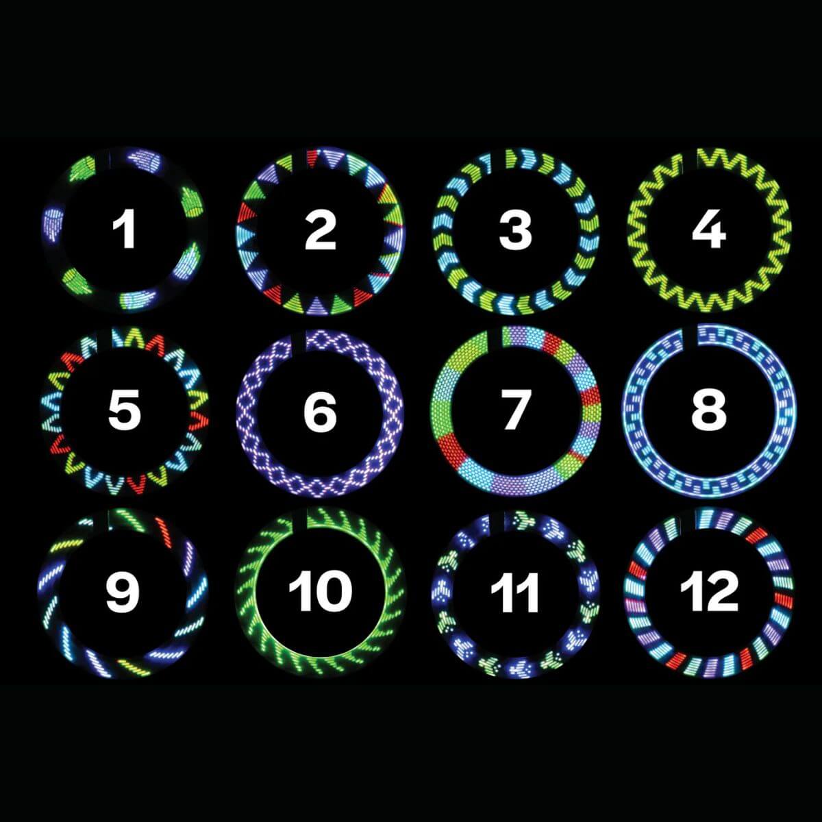 Formas luminosas para radio de bicicleta Brightz mostrando varios patrones encendidos